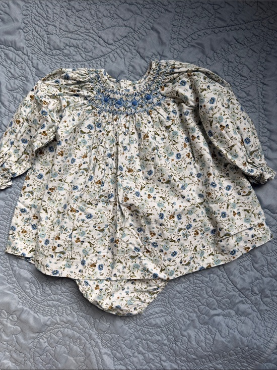 La Coqueta Other - Smocked Floral Long-Sleeve Baby Dress in Cream and Blue
